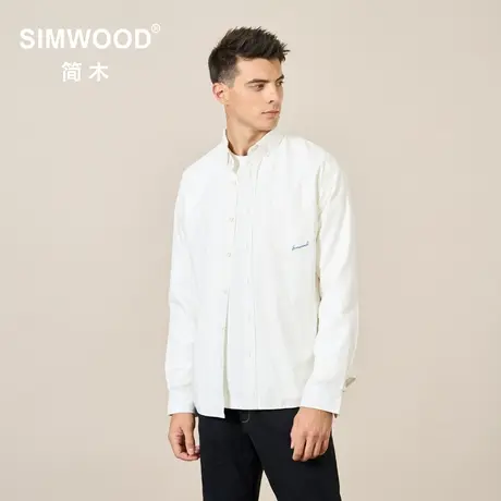 Simwood简木男装【宽松版型】秋季新款胸口袋绣花纯色长袖衬衫男图片