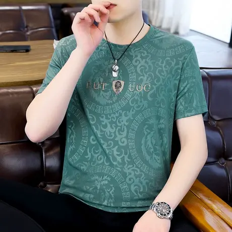短袖新款夏装t恤男士潮牌欧货高端烫钻冰丝半袖薄款桑蚕丝体恤衫商品大图