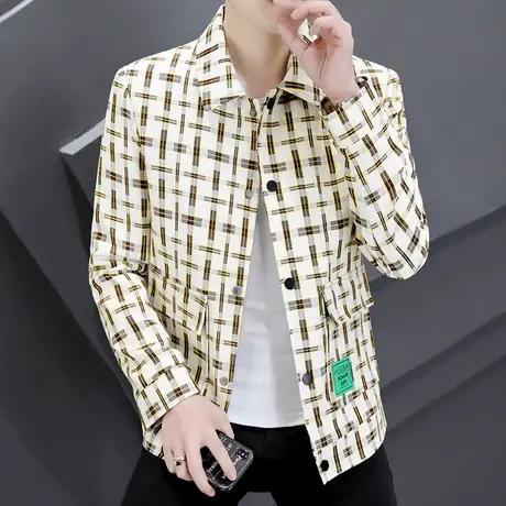 外套男春秋季潮牌韩版帅气格子上衣服高级感男装薄款休闲工装夹克商品大图