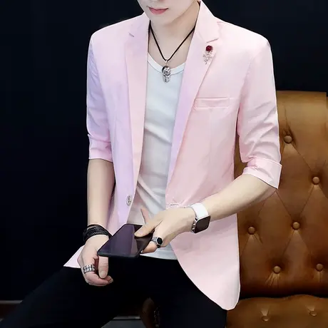 男士春夏季薄款中袖西服发型师夜场潮流单上衣外套韩版修身小西装商品大图