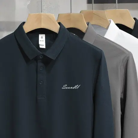 2024新款珠地棉翻领polo衫男士长袖t恤带领保罗打底衫有领秋衣服图片