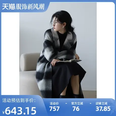 嘉茱莉2023秋冬新款羊毛大衣女中长款复古格纹呢子外套设计感小众图片