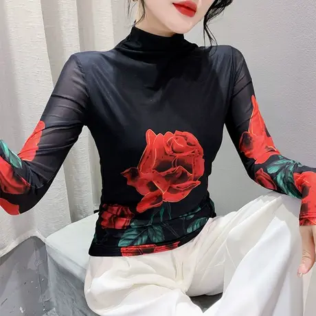 设计感半高领T恤女长袖性感网纱印花拼接上衣洋气修身透气打底衫商品大图