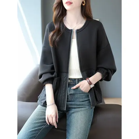 宝诗黎圆领拼接落肩长袖口袋上衣2024春季新款拉链开衫宽松外套女商品大图