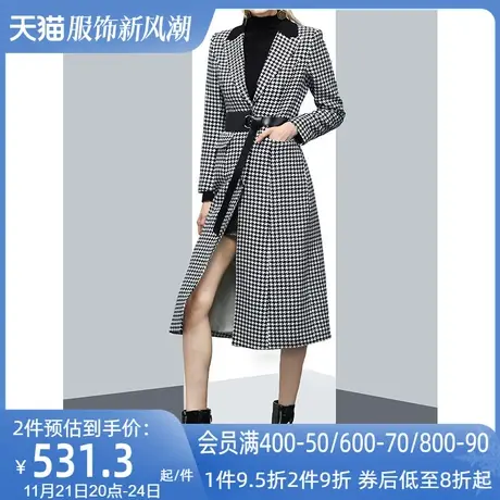 帅气千鸟格毛呢中长款过膝外套女秋2023新款欧洲站简约呢子大衣潮商品大图