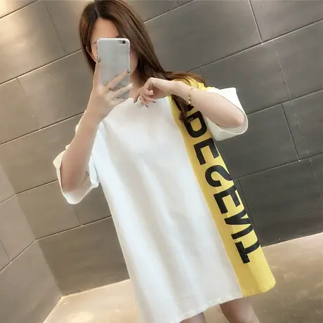 超火cec短袖t恤女2023新款夏装韩版宽松中长款拼色大码半袖上衣服图片