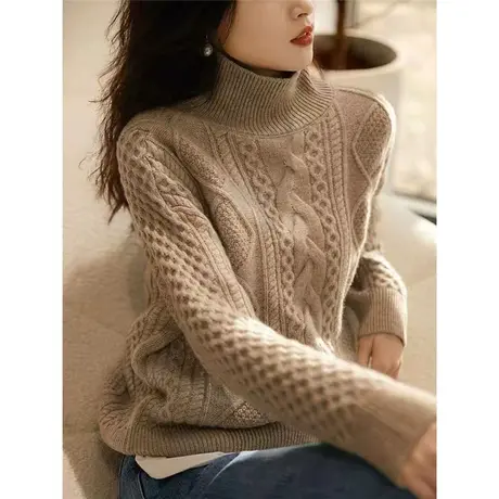 半高领加厚麻花毛衣女秋冬小众设计感上衣套头慵懒风针织衫图片