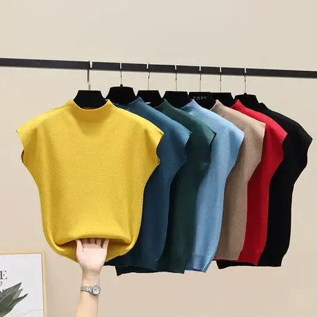 黑色针织短袖女半高领上衣2023年夏季新款通勤打底衫薄款透气t恤商品大图