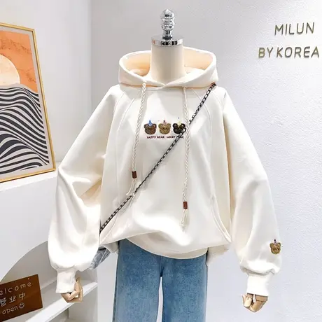 ins奶油三只小熊连帽卫衣2023秋季学院风日系甜美上衣外套非正式图片