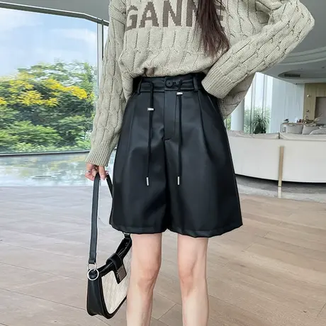 黑色pu皮短裤女2023秋冬新款设计感高腰休闲宽松显瘦阔腿五分裤子图片