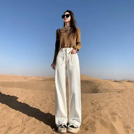 米白色高腰加绒牛仔裤女秋冬2023年新款显瘦直筒垂感拖地阔腿裤子图片