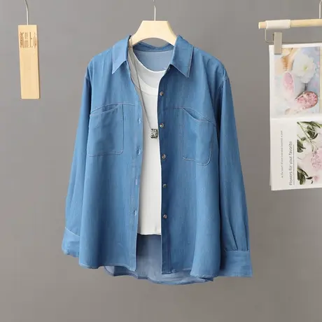 蓝色牛仔衬衫女外套春秋季2024新款上衣设计感小众衬衣打底衫法式商品大图