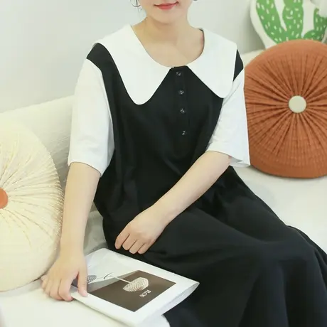 夏新品撞色娃娃领针织连衣裙大码学院风减龄针织裙商品大图