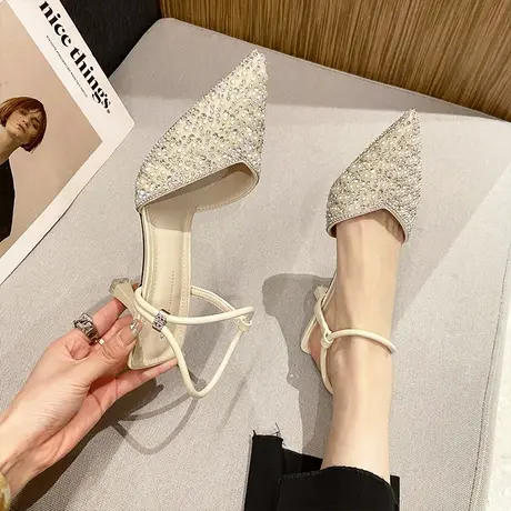 设计款小众尖头一字扣带高跟鞋2024年夏季新款浅口百搭单鞋女细跟图片