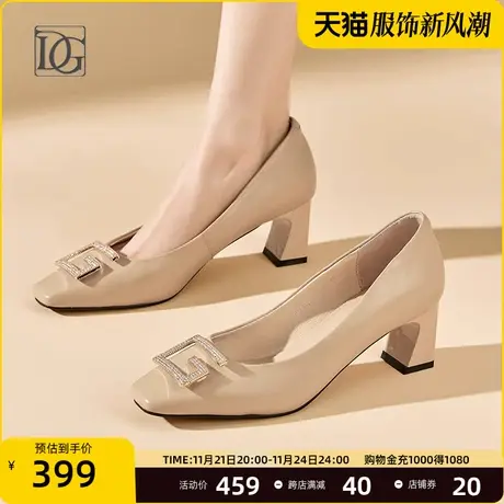 羊皮浅口单鞋女粗跟2024新款春夏浅口正装高跟鞋真皮舒适妈妈皮鞋商品大图