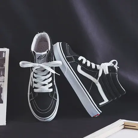 鞋子女2019潮鞋黑色高帮帆布鞋ulzzang百搭新款韩版学生休闲板鞋商品大图