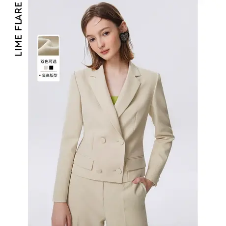 朗姿莱茵2023新款设计感双排扣复古收腰修身西装短外套气质女奥莱图片