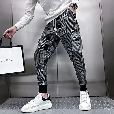 加厚男裤秋冬2023新款满印花色拼接修身束脚哈伦裤时尚复古休闲裤商品大图