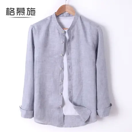 亚麻衬衫男士春秋立领帅气大码宽松薄款舒适棉麻长袖衬衣男图片