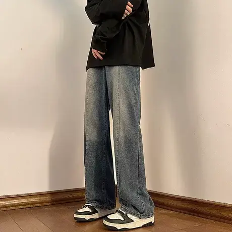 欧美高街重磅水洗做旧牛仔裤男夏季设计感复古痞帅宽松阔腿拖地裤商品大图