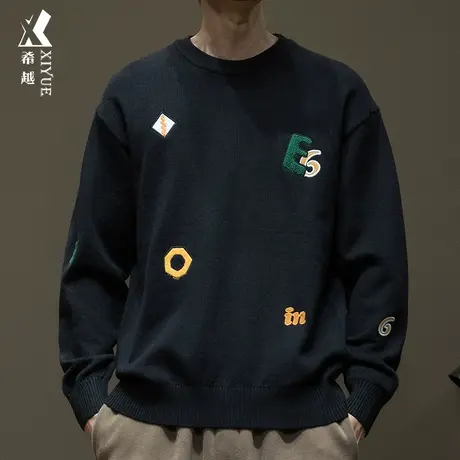 希越美式刺绣圆领毛衣男冬季12针黑色打底针织衫宽松大码男士冬装商品大图