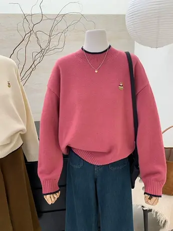 撞色圆领刺绣毛衣女冬季新款韩国简约宽松慵懒保暖针织衫洋气上衣商品大图