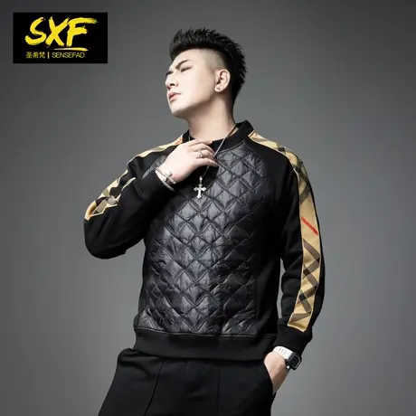SXF圣希梵卫衣男 冬季新款加绒加厚保暖衣服格纹拼接潮牌男士上衣图片