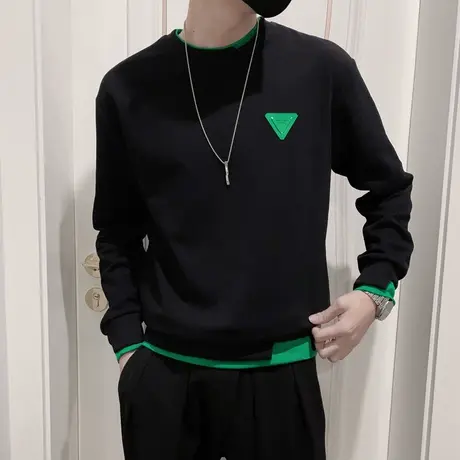 秋季男士假两件拼色卫衣外套上衣宽松套头长袖潮流休闲圆领体恤商品大图