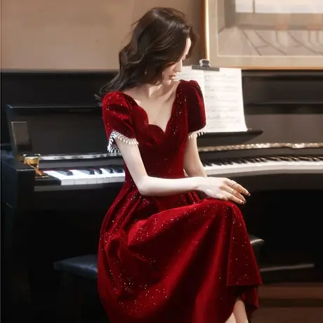 敬酒服新娘女夏季薄款闪闪V领酒红色结婚订婚礼服回门连衣裙婚礼商品大图