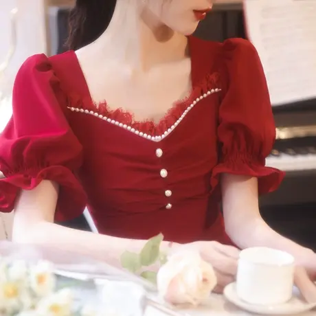 敬酒服新娘2024新款夏季平时可穿订婚回门小礼服女酒红色方领薄款商品大图