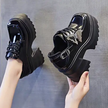 小皮鞋女英伦风2024春季新款女鞋百搭厚底高跟鞋系带黑色单鞋粗跟图片