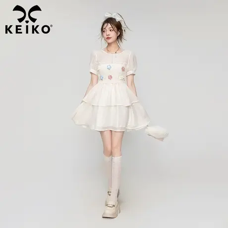 手工扎花轻纱连衣裙2023夏季新款温柔风气质显瘦欧根纱荷叶边裙子图片