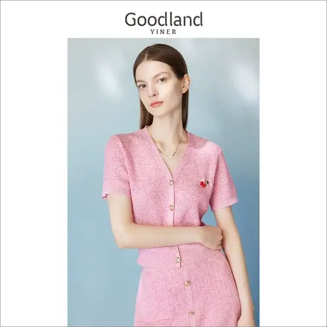 【季夏恋果】Goodland美地女装夏季时尚V领樱桃胸针装饰针织衫商品大图
