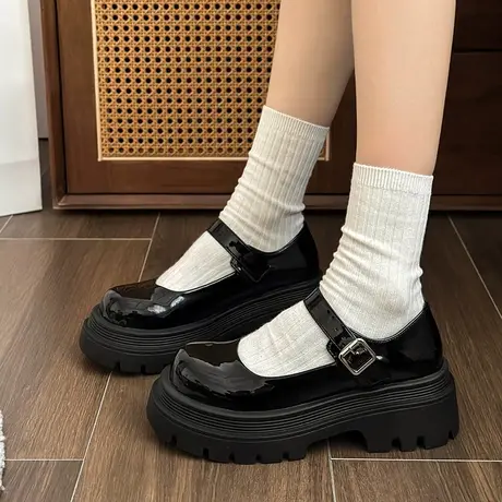 法式厚底玛丽珍鞋女2024新款英伦风粗跟浅口单鞋配裙子高跟小皮鞋商品大图