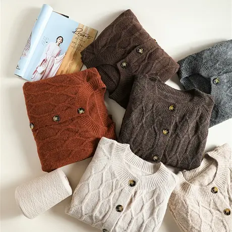 享永子【牛气冲天】牦牛绒混纺纯色圆领单排扣针织毛衣开衫女外套图片