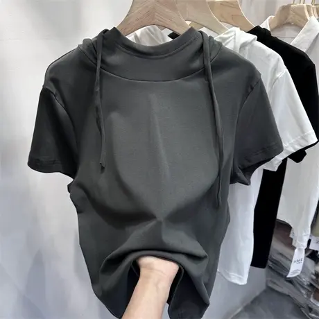 连帽抽绳短袖T恤女早春夏装外穿宽松打底衫韩版百搭休闲运动上衣商品大图