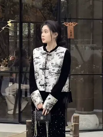 春季新款无袖新中式国风提花马夹水墨画圆领复古气质马甲ins外套商品大图