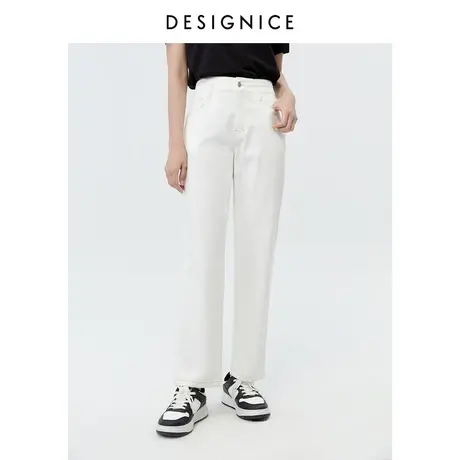 迪赛尼斯夏季新款质感高腰时尚白色直筒通勤设计感直筒牛仔裤女商品大图