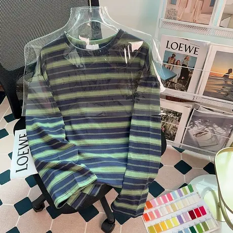 美式复古条纹长袖t恤女春秋薄款设计感小众港风宽松早秋季上衣服商品大图