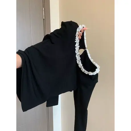 内搭蕾丝拼接打底衫女春季韩版修身长袖T恤设计感小众紧身上衣潮图片