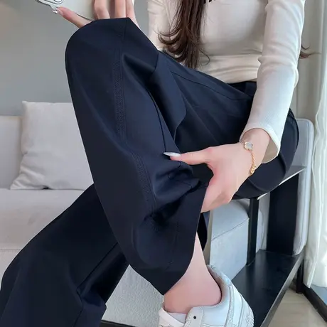 藏蓝色直筒阔腿西装裤女2024春秋季高腰宽松显瘦休闲窄版垂感裤子图片