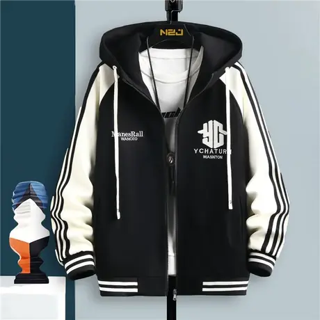 TFBOY夹克男2023秋冬季新款青少年学生拼接撞色刺绣连帽外套上衣商品大图