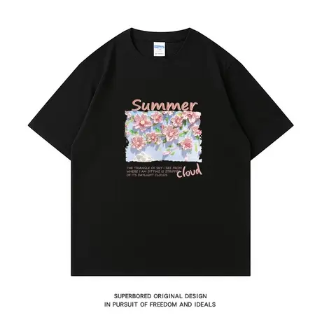 ins港风粉色花朵短袖T恤男女夏季纯棉宽松休闲半袖体恤情侣装图片