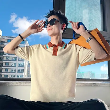 夏季POLO衫男ins拼色高级感短袖T恤针织衫潮牌男装T恤上衣半截袖商品大图