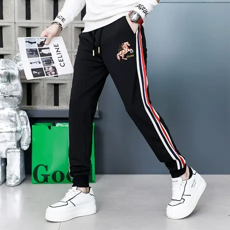 高端潮牌织带刺绣休闲裤男款秋季韩版百搭洋气弹力小脚束脚长裤子图片