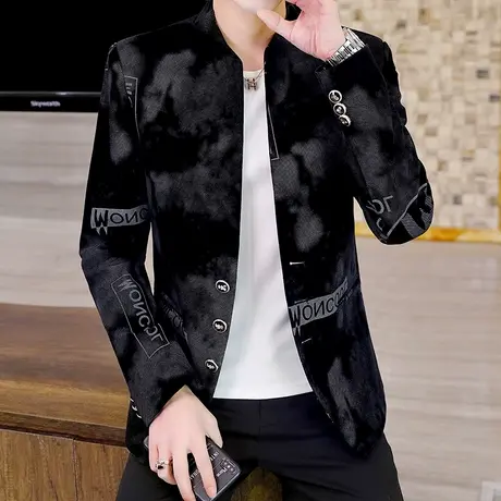 西服男士立领外套春季潮流印花上衣ins韩版中山装男帅气修身西装商品大图