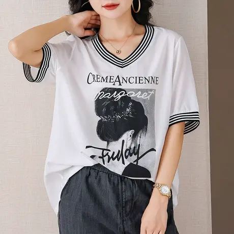 伊自尚2023年新款女装大码胖mm夏季v领宽松显瘦洋气短袖t恤上衣女图片