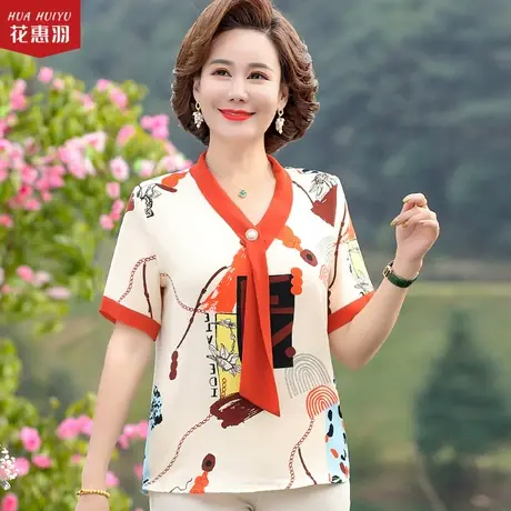 妈妈夏装套装洋气衬衫中老年女系带小衫中年人妇女短袖T恤上衣服商品大图