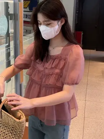 短袖衬衫女泡泡袖夏2023新款小个子雪纺上衣设计感小众法式娃娃衫商品大图