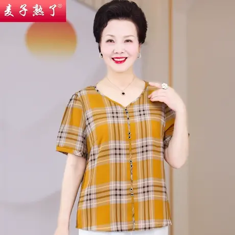 妈妈夏装新款休闲格子小衫上衣服中老年人女装洋气短袖T恤春夏商品大图